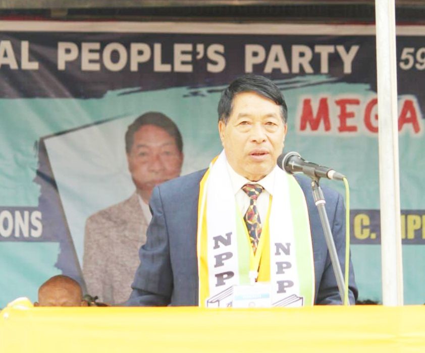 NPP candidate for 59 AC Seyochung-Sitimi AC, C Kipili Sangtam addressing NPP rally at Seyochung town on February 18.